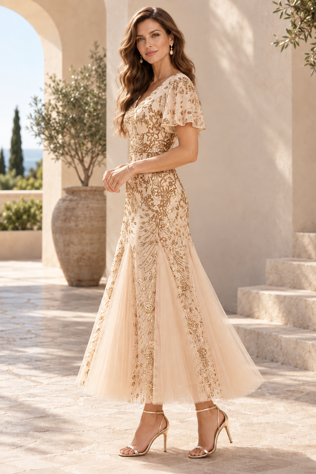 Sequin Flutter Sleeve Godet Ankle Dress