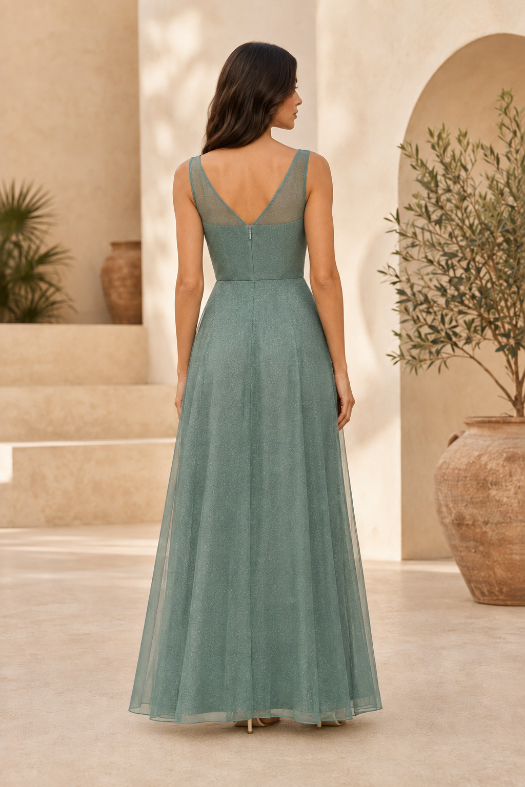Illusion Neckline A-Line Formal Gown with High Slit
