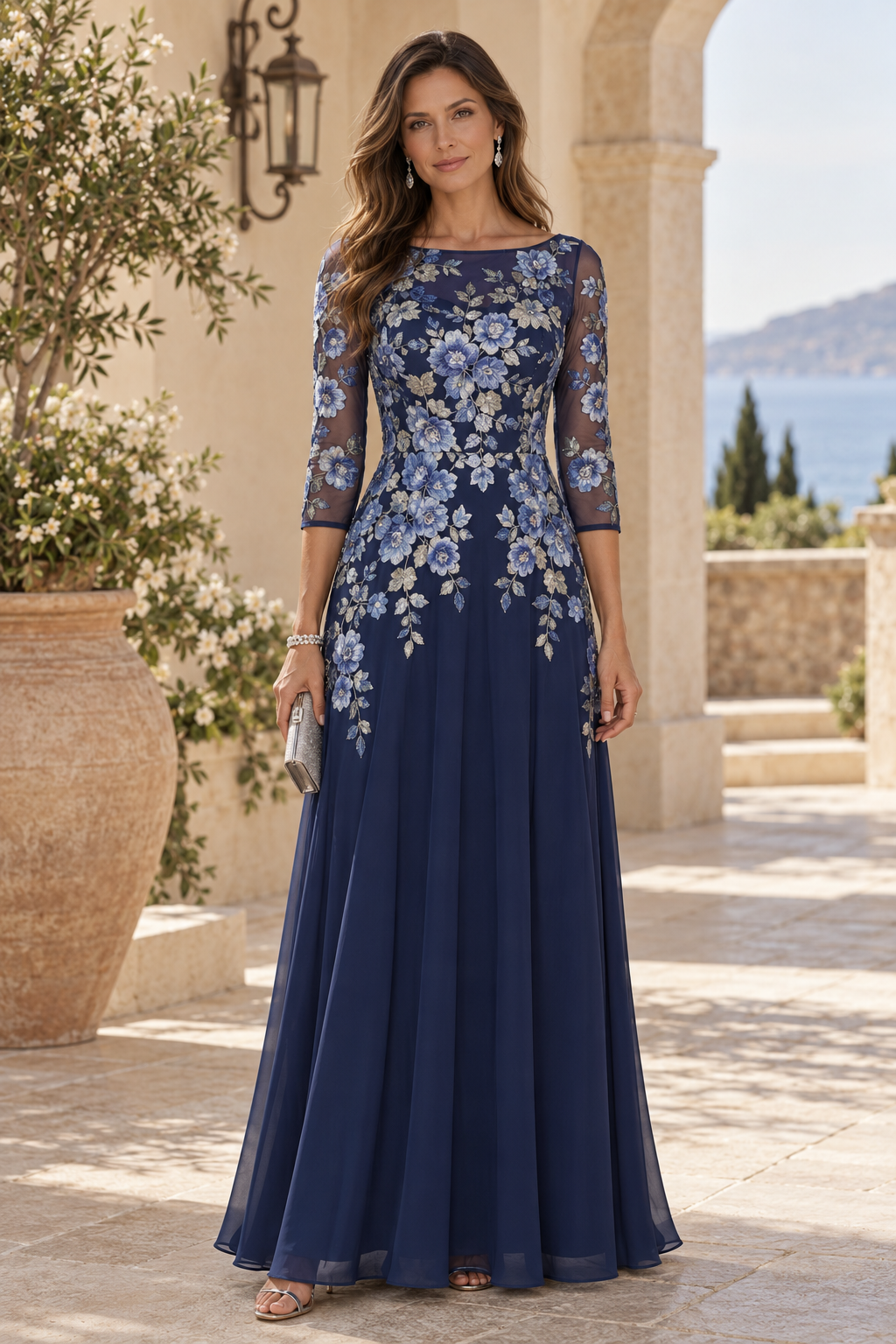 Floral Embroidered 3/4 Sleeve A-Line Gown