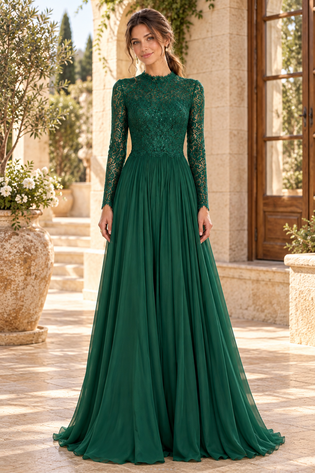 Lace Mock Neck Long Sleeve Pleated A-Line Gown