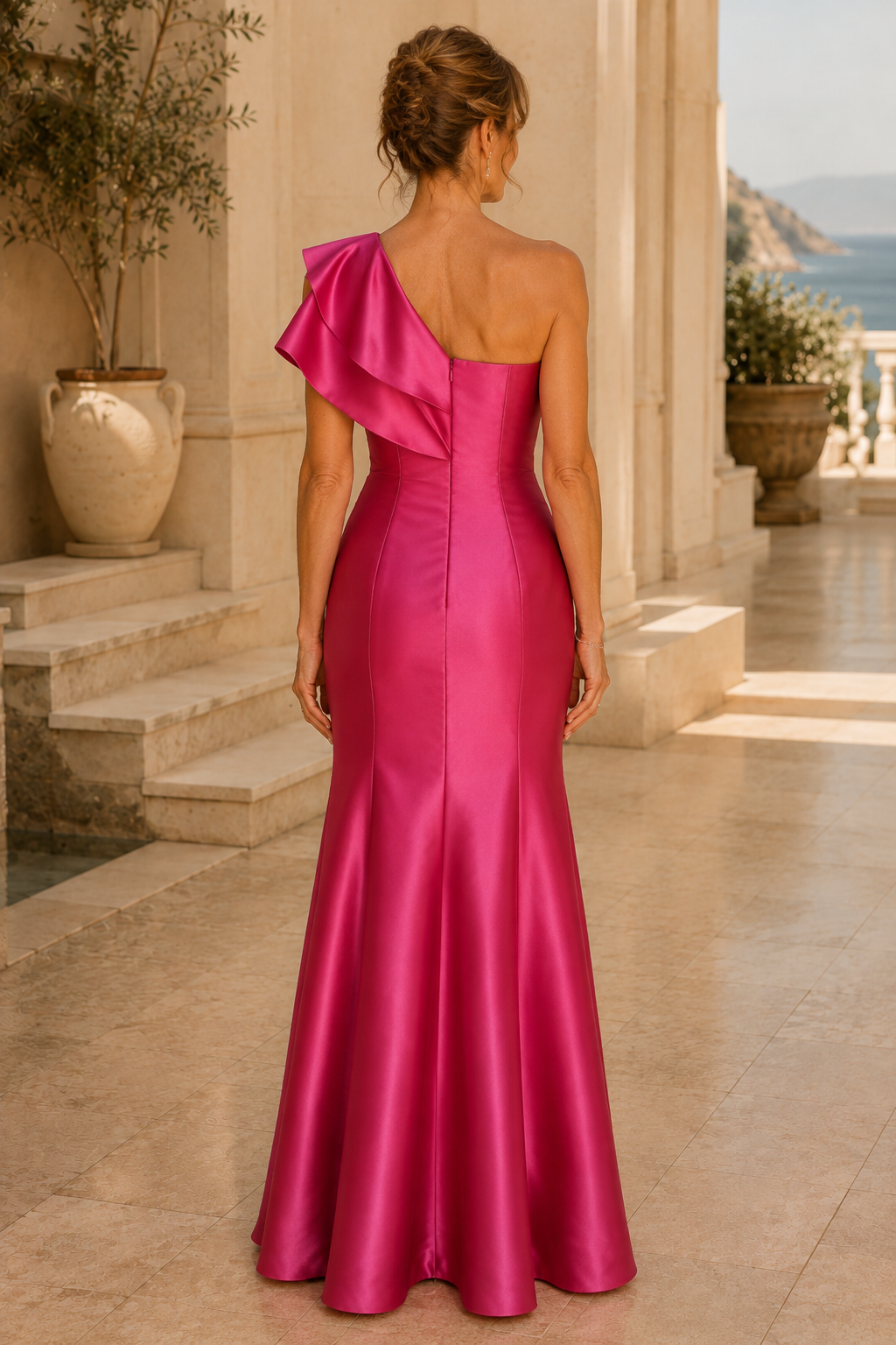 One-Shoulder Ruffle Mermaid Satin Evening Gown