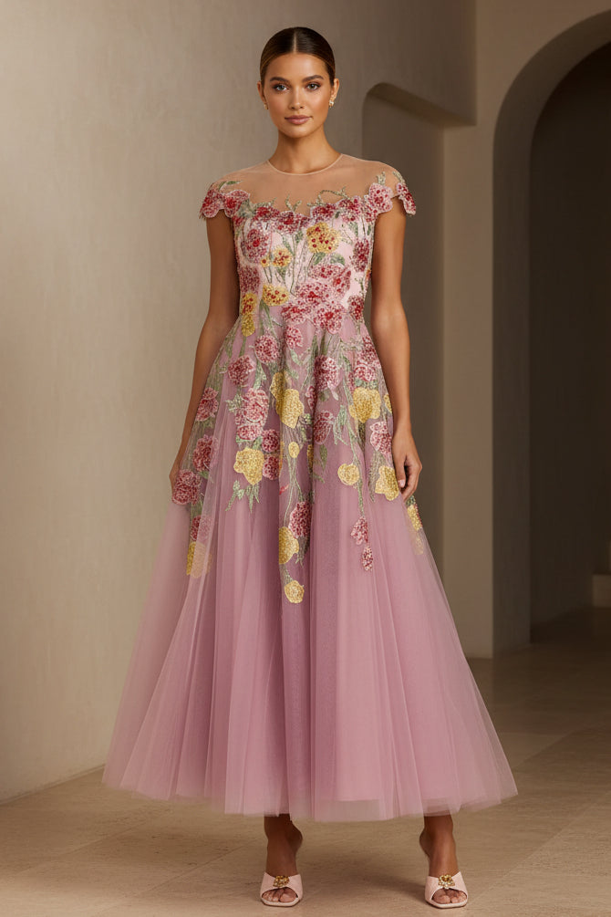 Floral Embroidered A-Line Tulle Midi Dress