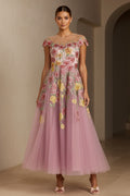 Floral Embroidered A-Line Tulle Midi Dress