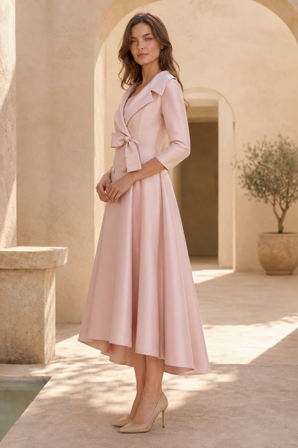 A-Line Coat Dress with Lapel Collar and Bow