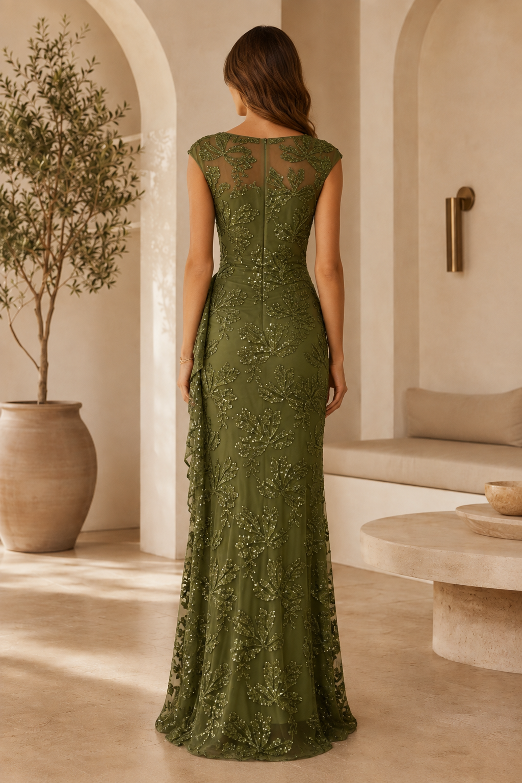 Sequin Leaf Illusion Column Gown with Ruffle
