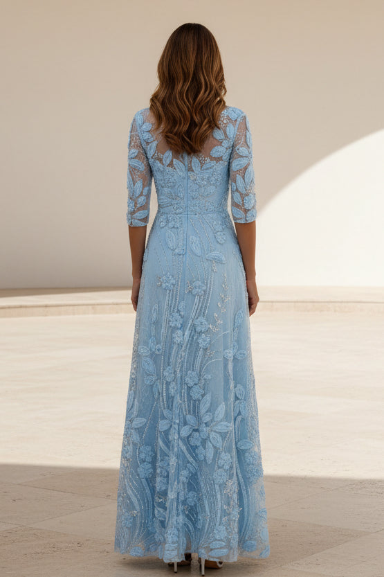 3D Floral Illusion A-Line Evening Dress with Sleeves