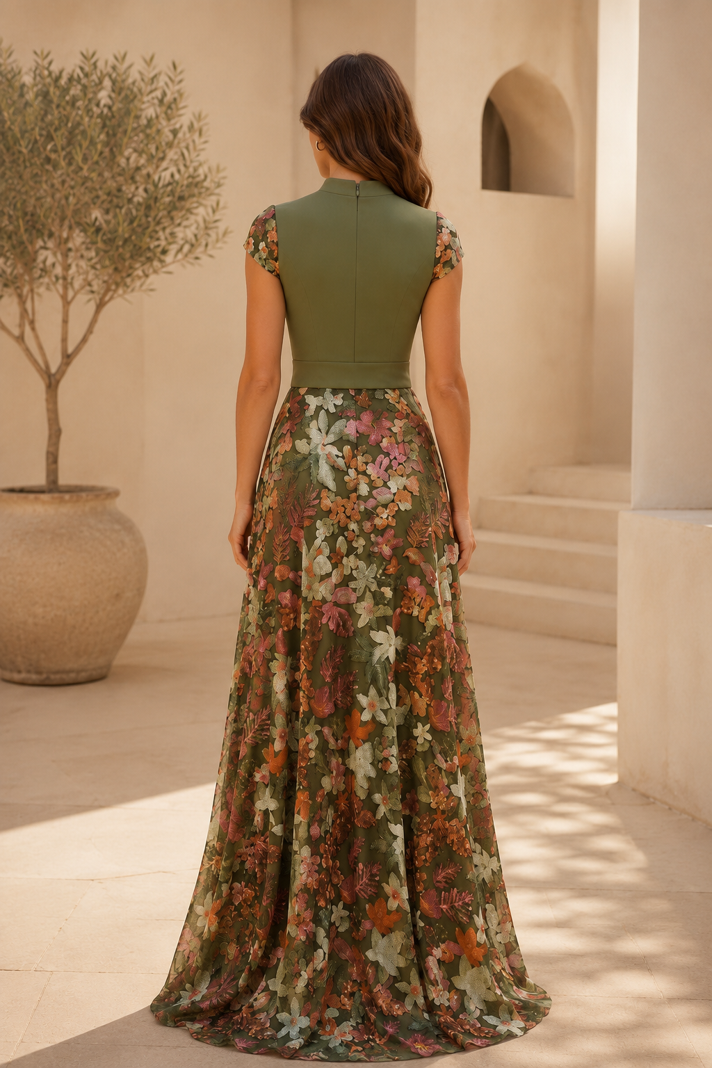 Floral Embroidered A-Line Maxi Dress with Sash Belt