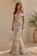 Off-the-Shoulder Jacquard Mermaid Evening Gown