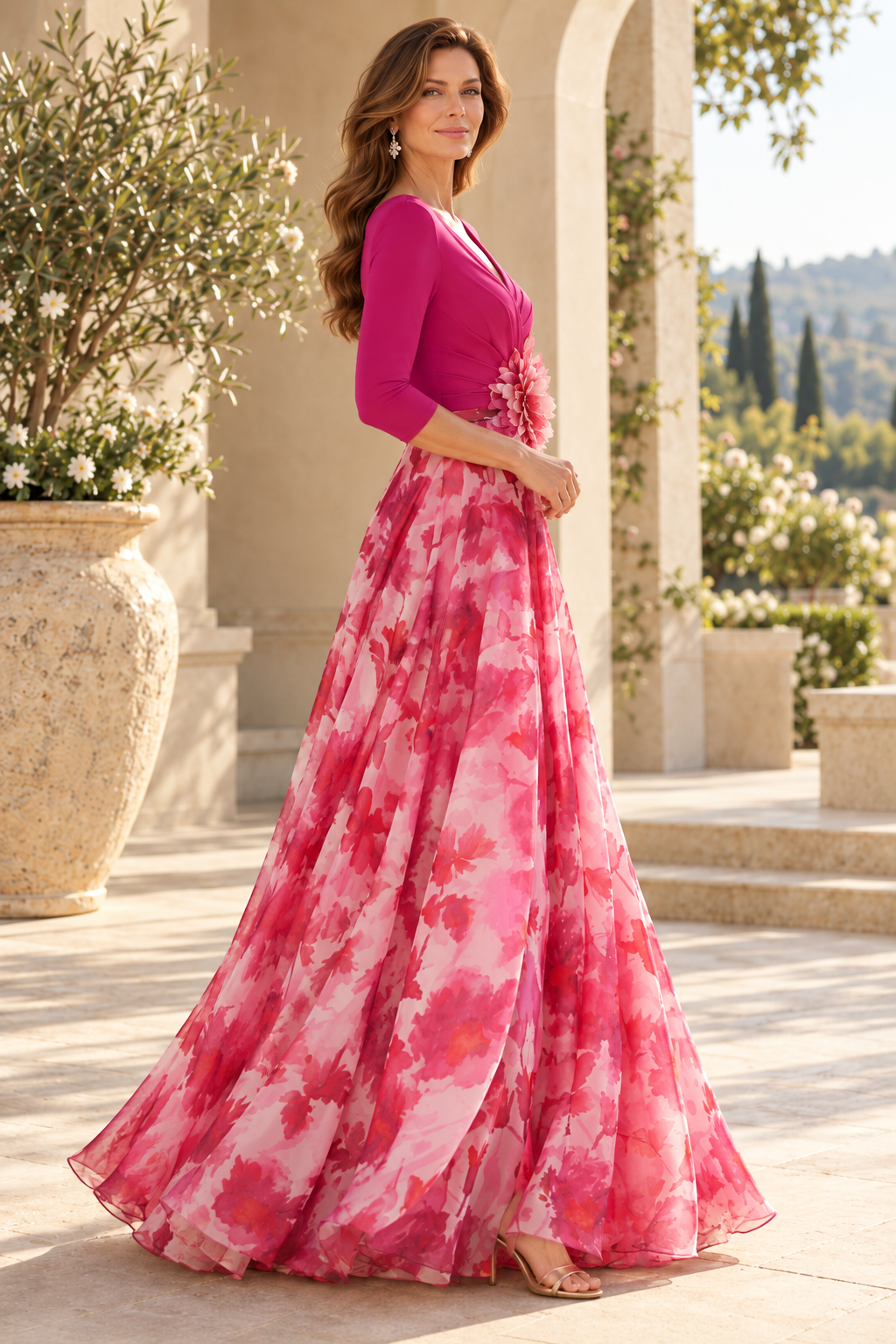 Floral Print A-Line Gown with 3/4 Sleeves