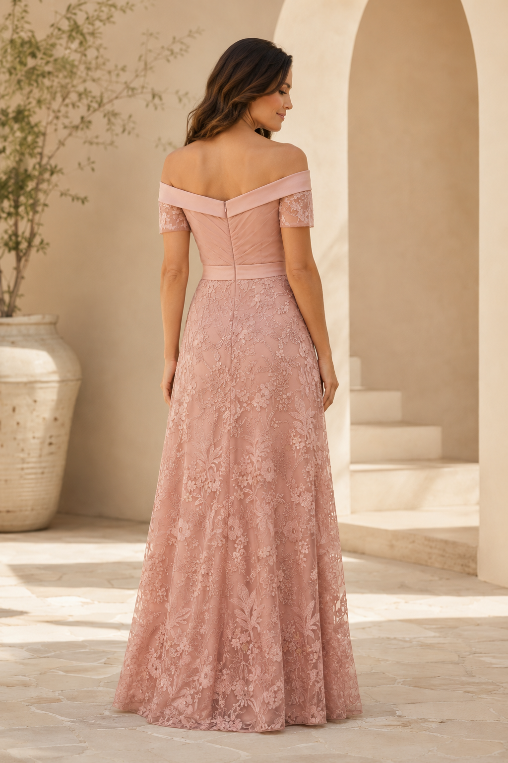 Off-the-Shoulder Lace A-Line Evening Gown with Sash