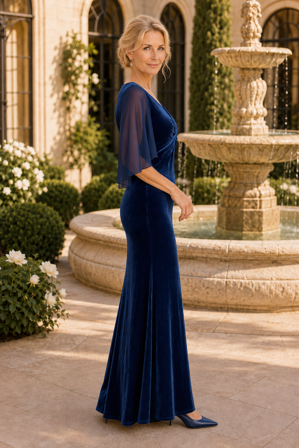 Twist Front Velvet Gown with Flutter Sleeves