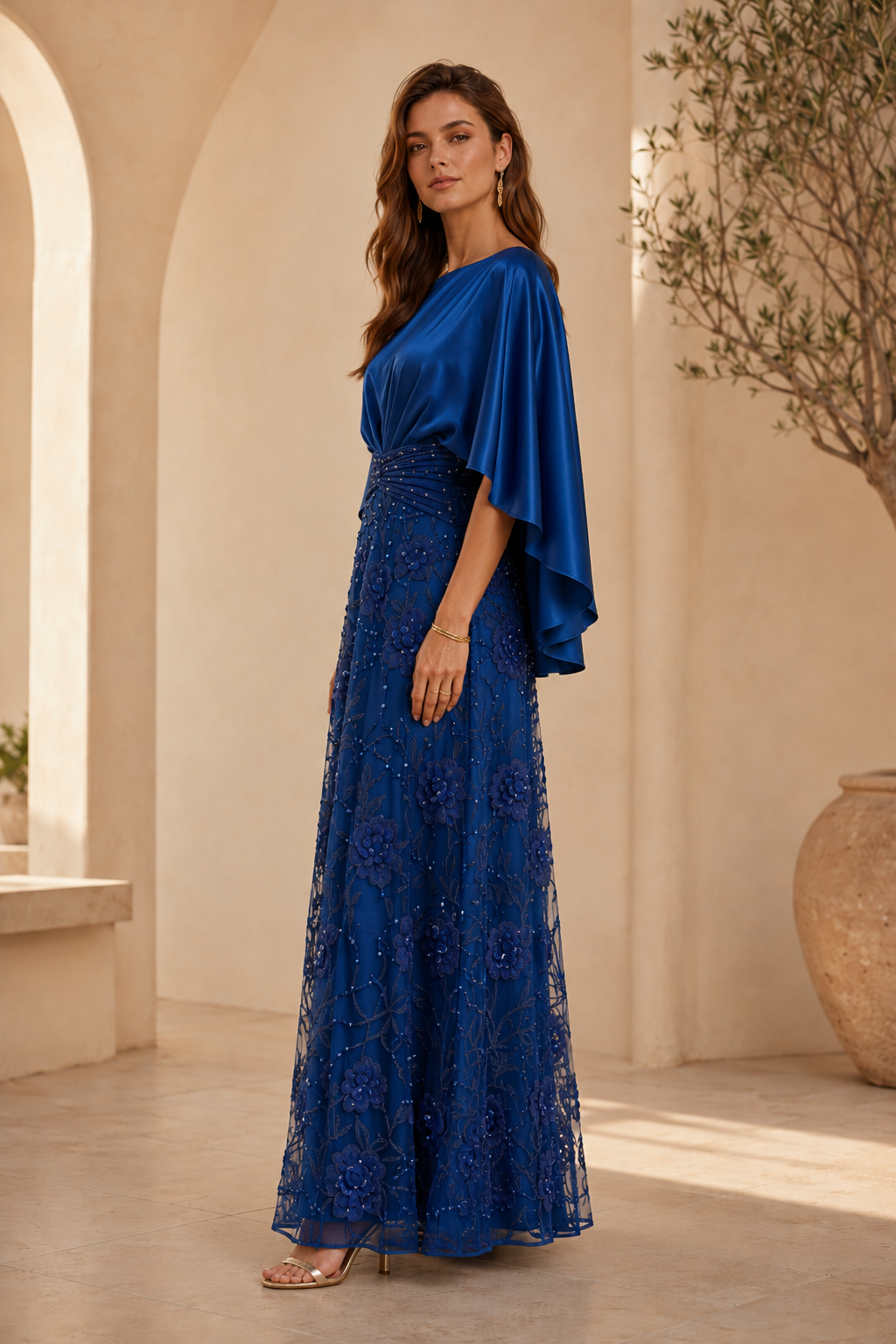 Satin Cape Bodice Floral Embroidered Evening Gown