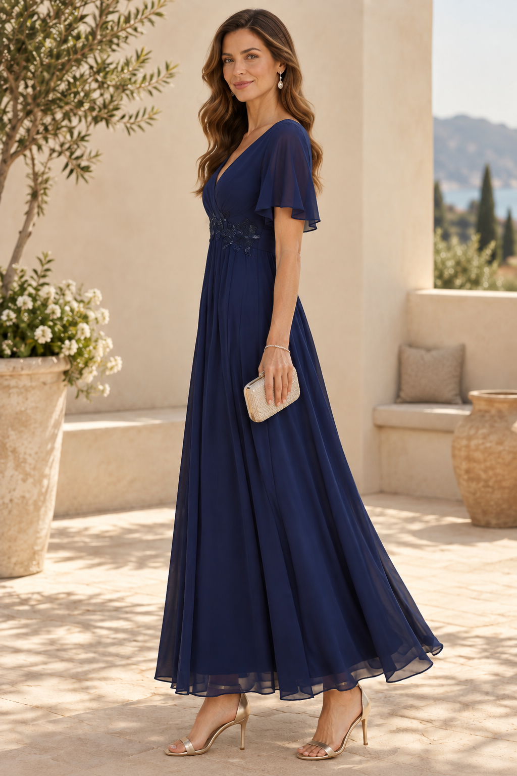 Flutter Sleeve V-Neck Embellished Maxi Dress