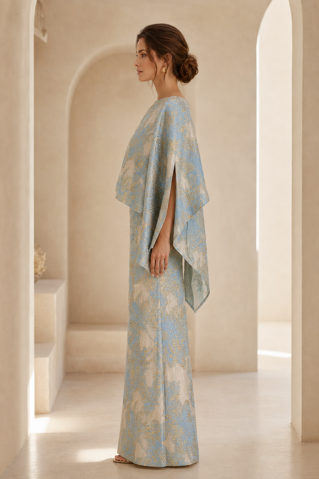 Jacquard Cape Maxi Evening Dress
