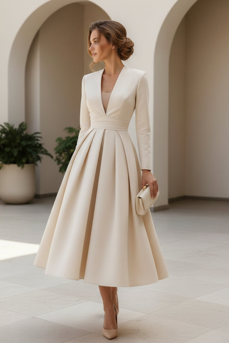 Long Sleeve Deep V Pleated A-Line Midi Dress