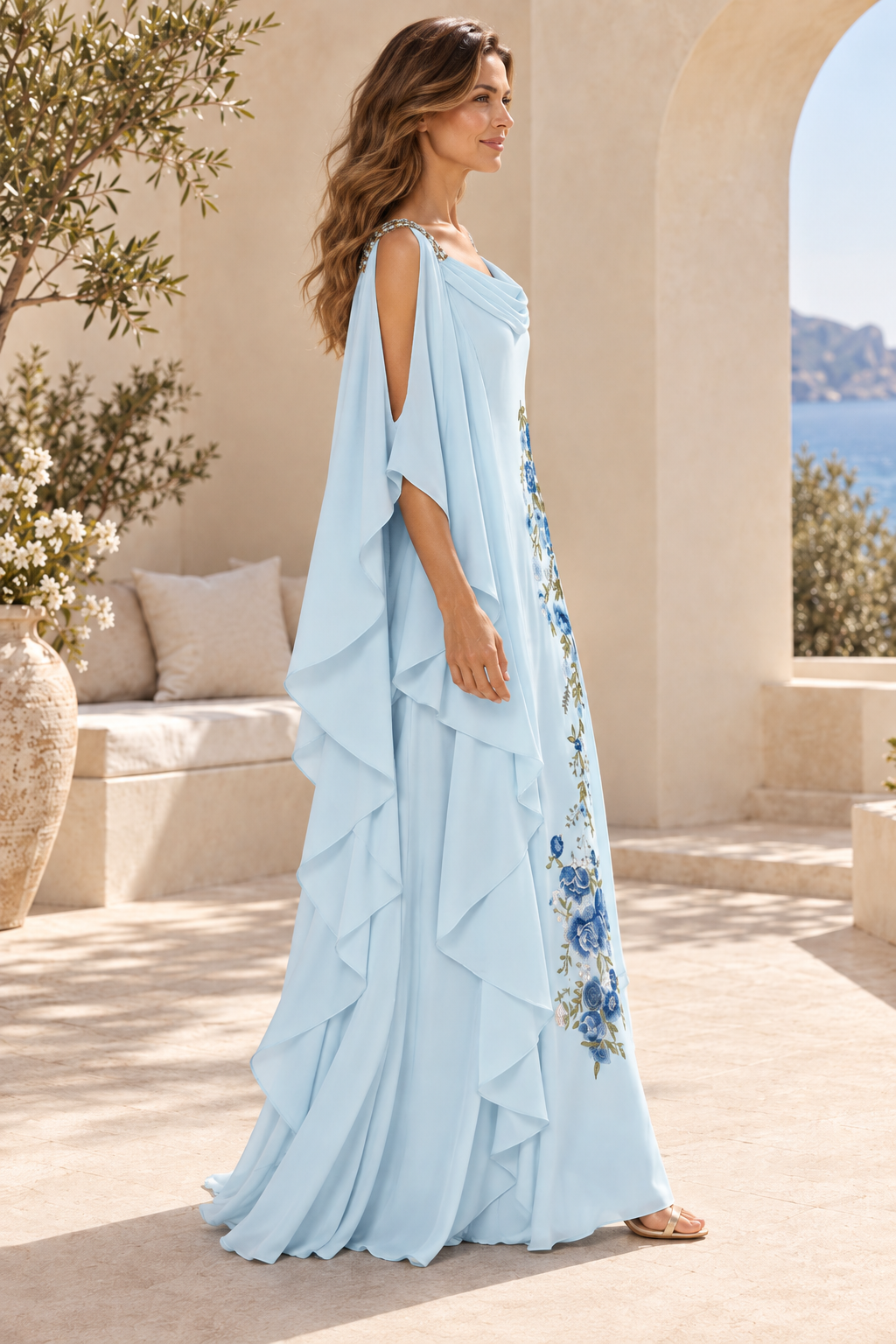 Embroidered Floral Kaftan Gown with Ruffle Sleeves
