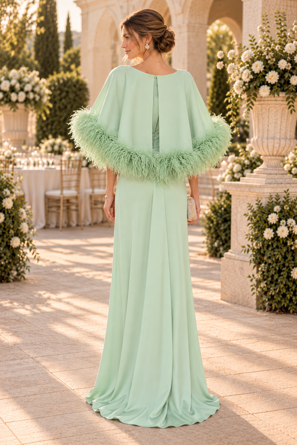 Feather-Trim Capelet Evening Gown