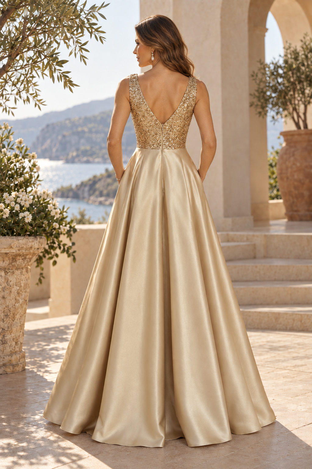 Sequin V-Neck A-Line Gown with Pockets