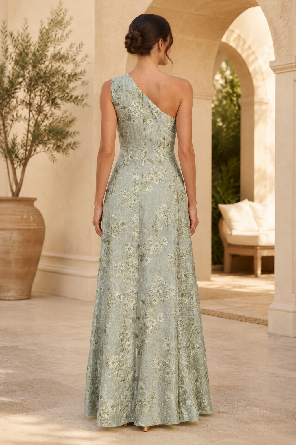 One Shoulder Floral Jacquard A-Line Evening Gown