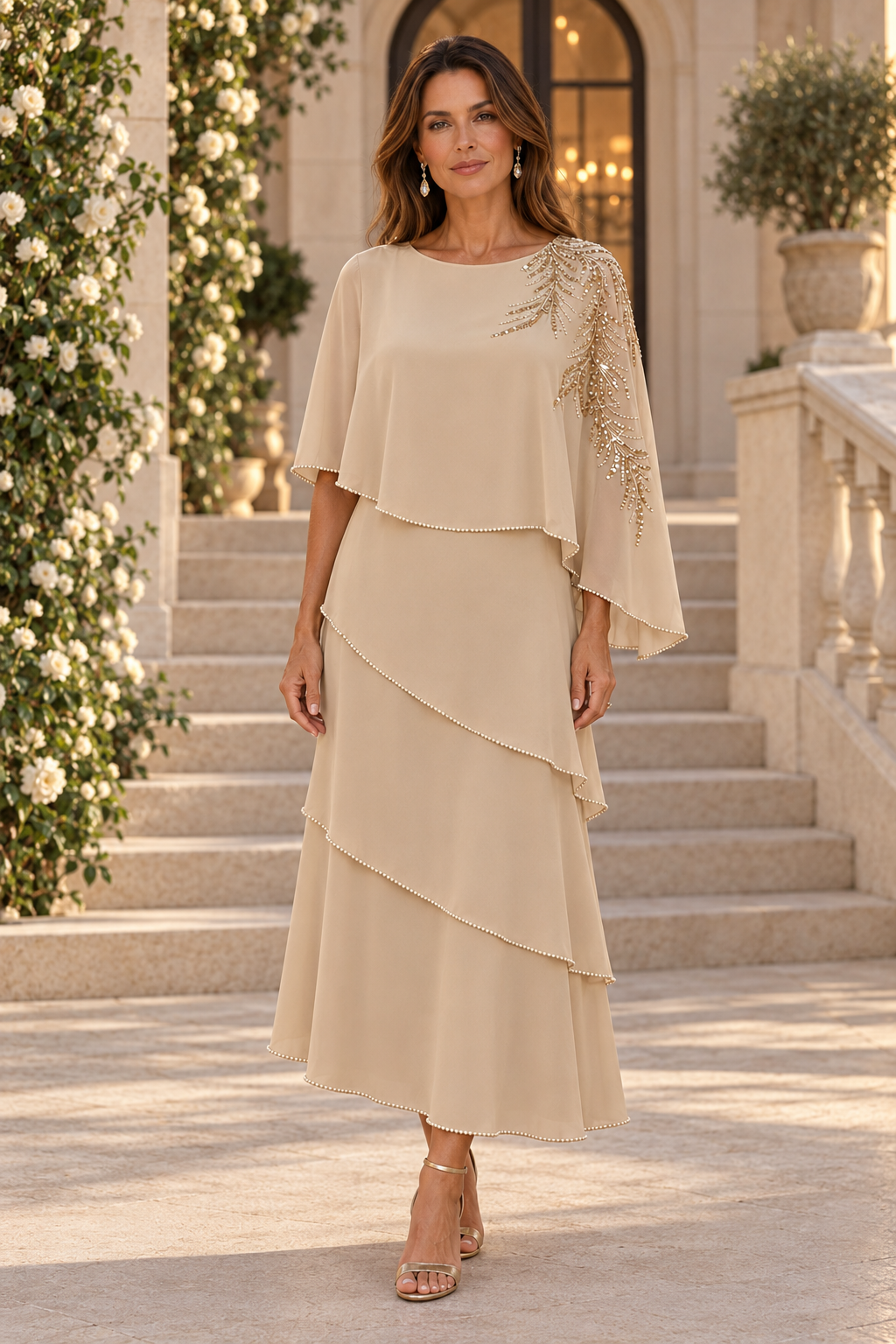 Tiered Capelet Dress with Pearl Trim