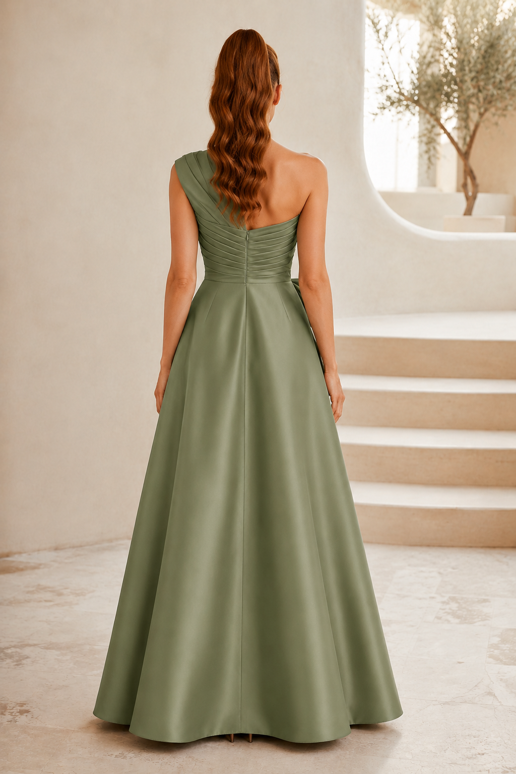 One-Shoulder Pleated Gown with Sequin Skirt & Bow