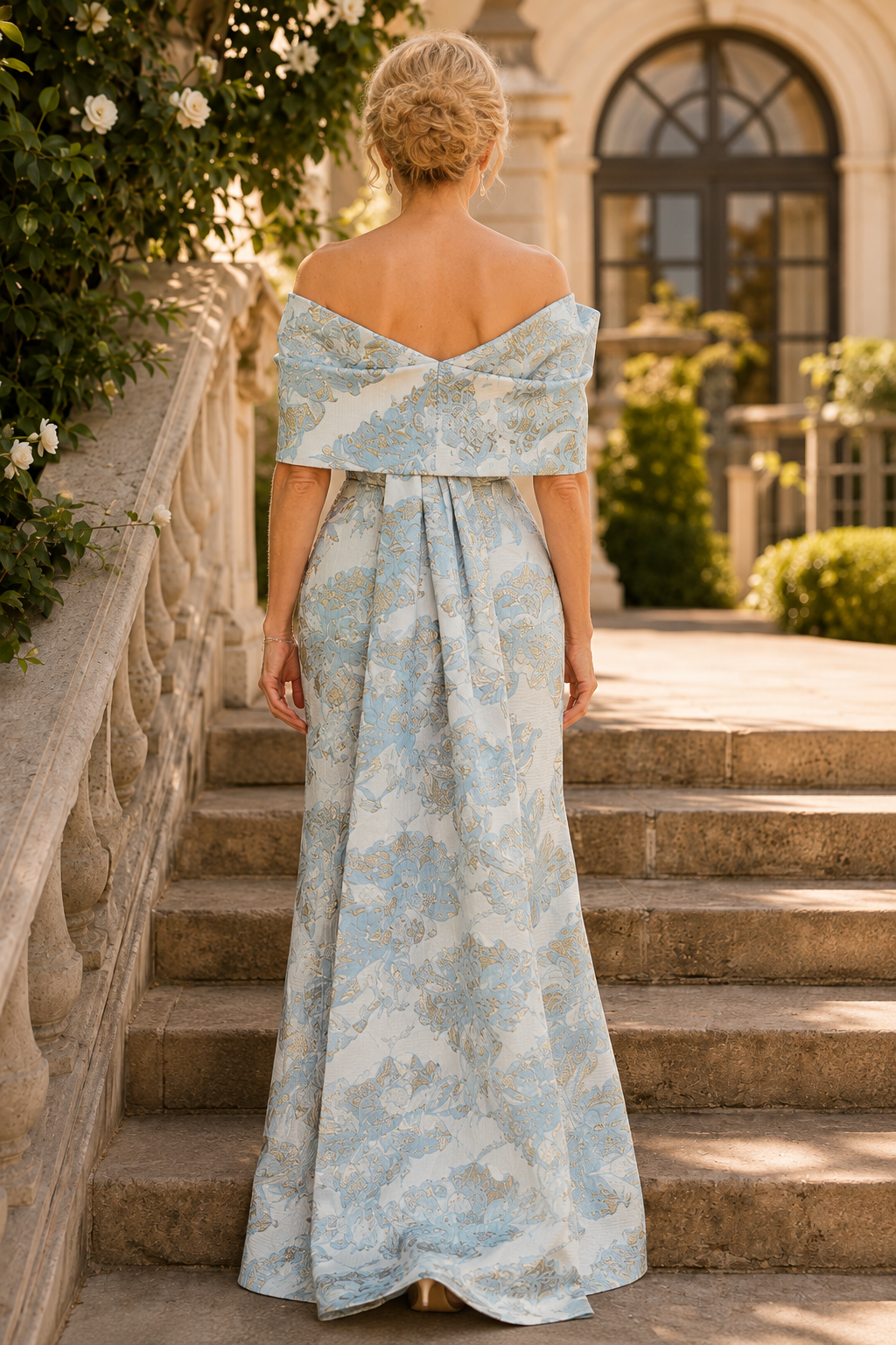 Off-Shoulder Brocade Gown with Draped Cape