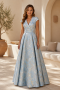 Cap Sleeve Jacquard A-Line Evening Gown
