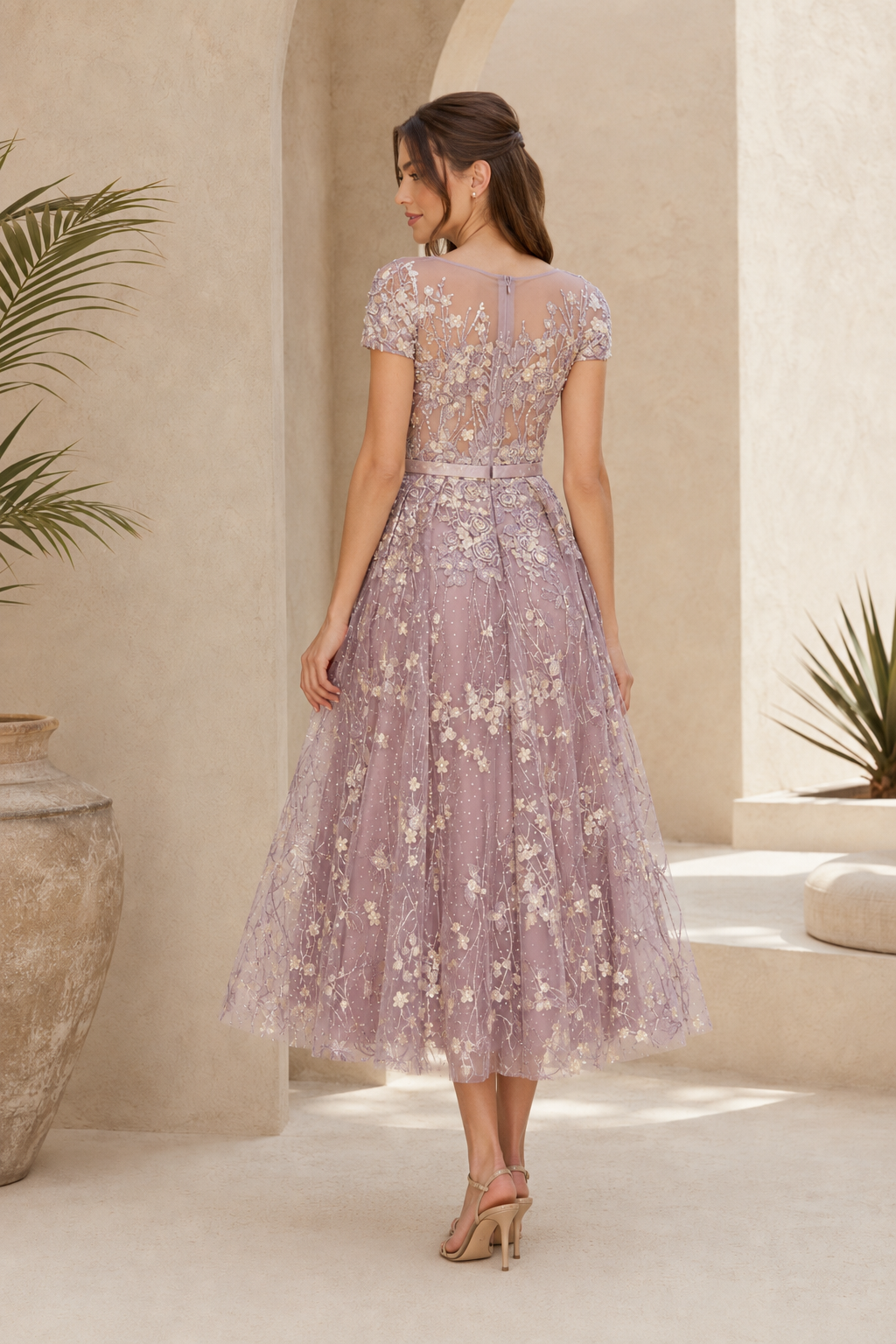 Floral Embroidered Illusion Tea-Length A-Line Dress