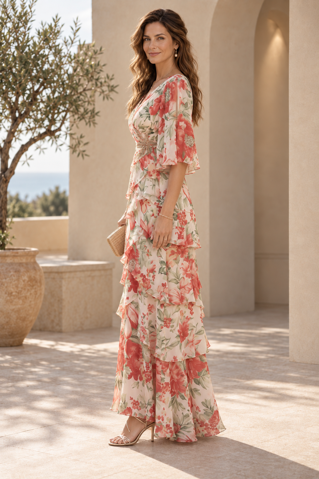 Tiered Floral Chiffon Maxi Dress with Sleeves