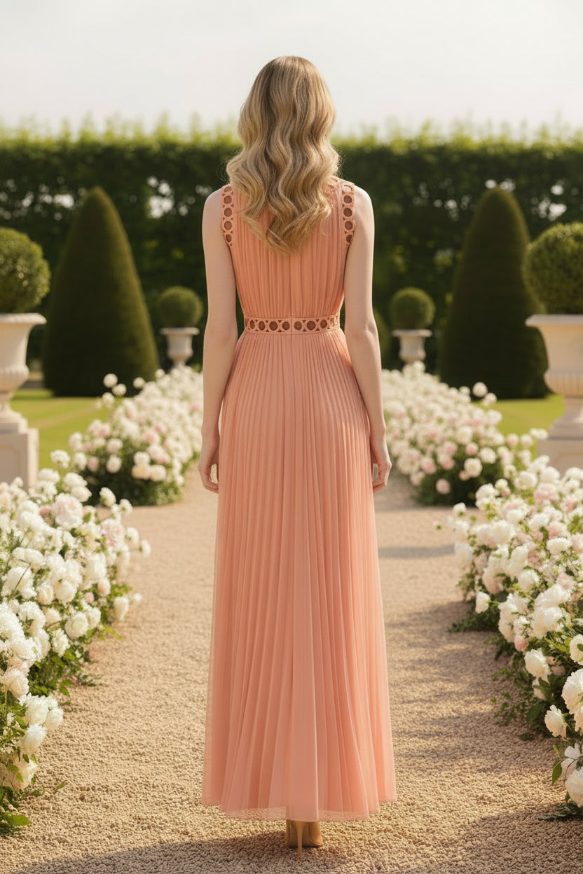 Pleated Chiffon Cutout Waist Maxi Dress