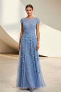 Cap Sleeve 3D Floral Applique A-Line Gown
