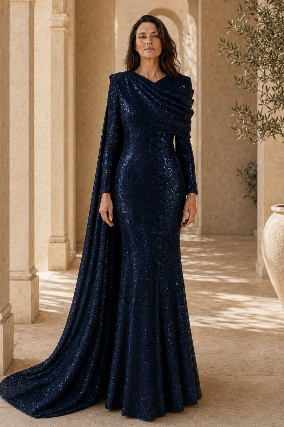 Sequin Asymmetrical Drape Cape Gown