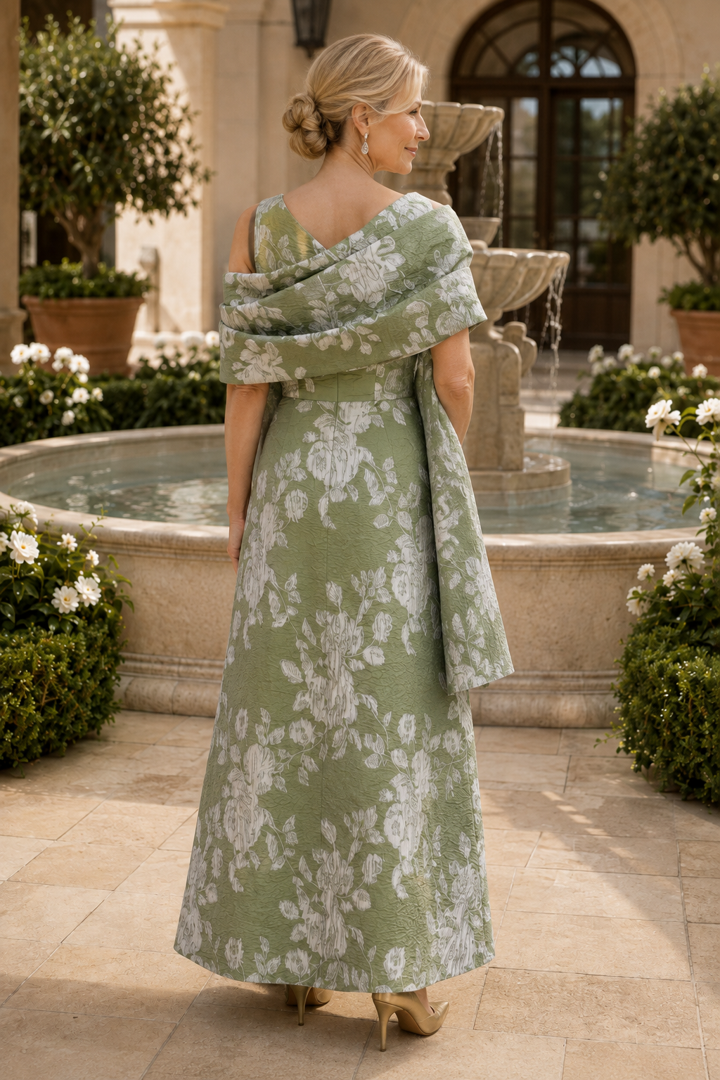 One-Shoulder Floral Jacquard Gown with Shawl