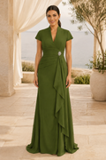 V-Neck Cap Sleeve Gown with Ruched Waist and Cascade Drape