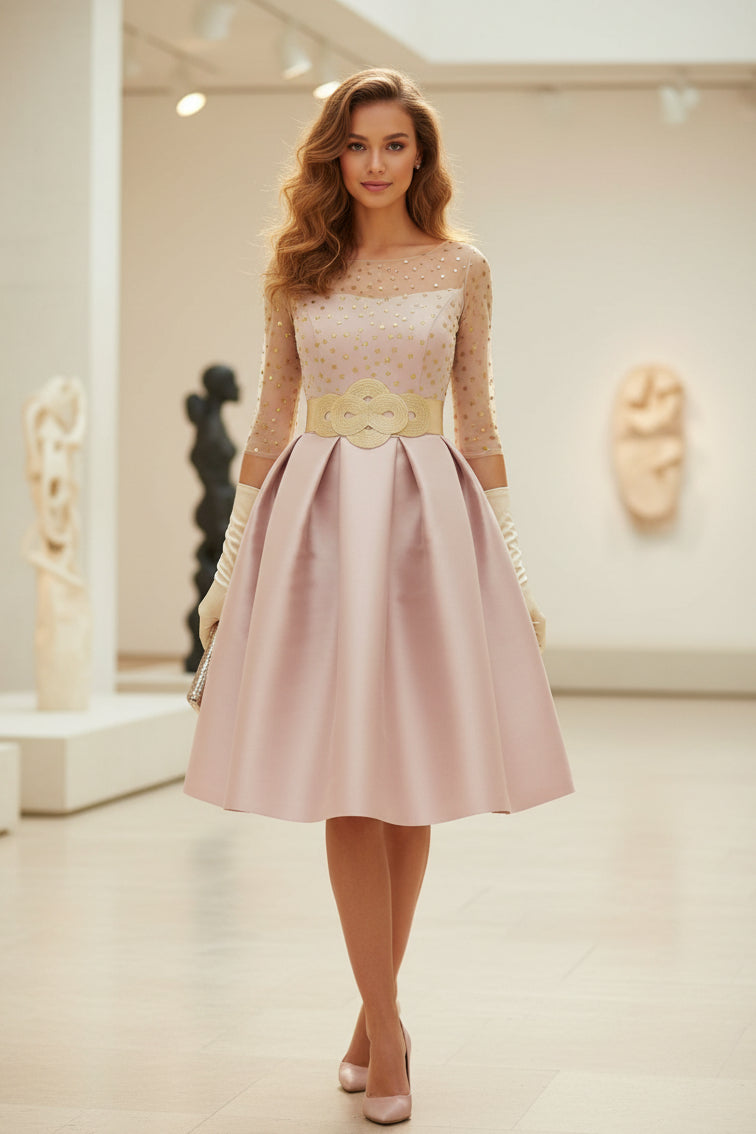Polka Dot Illusion Bodice Pleated Satin Cocktail Dress