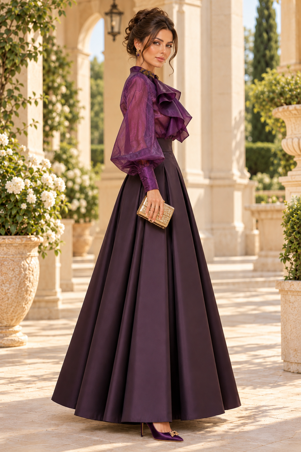Ruffled High Neck Blouse & Pleated Ball Gown Skirt Set