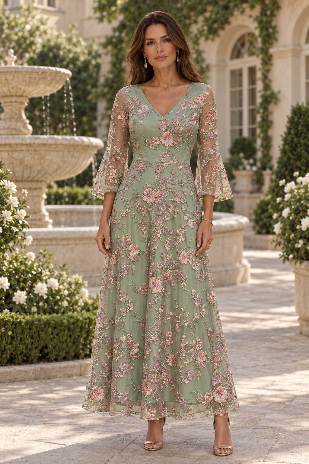 Embroidered Floral A-Line Dress with Bell Sleeves