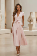 Deep V-Neck Cap Sleeve Midi Dress with Bow Belt