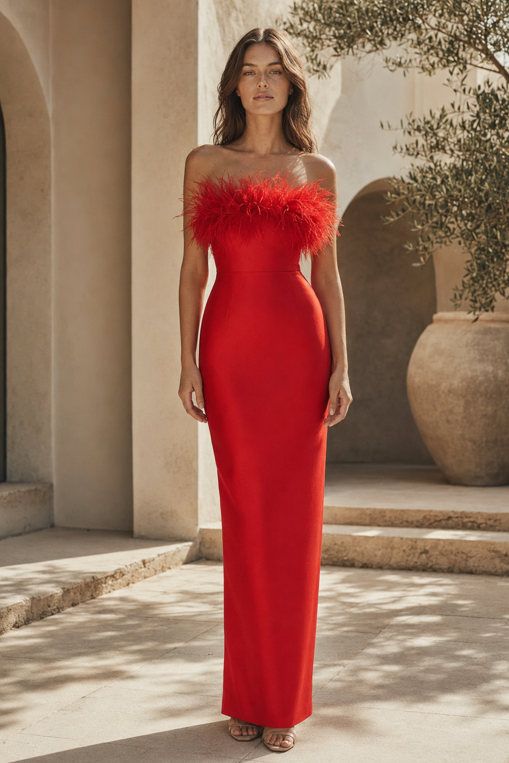 Strapless Feather-Trim Column Evening Gown