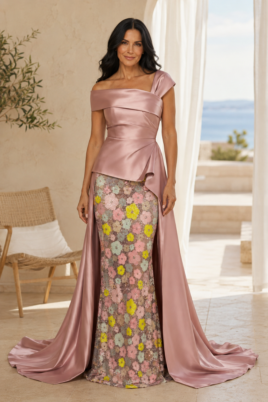 Off-Shoulder Floral Sequin Gown with Satin Overskirt