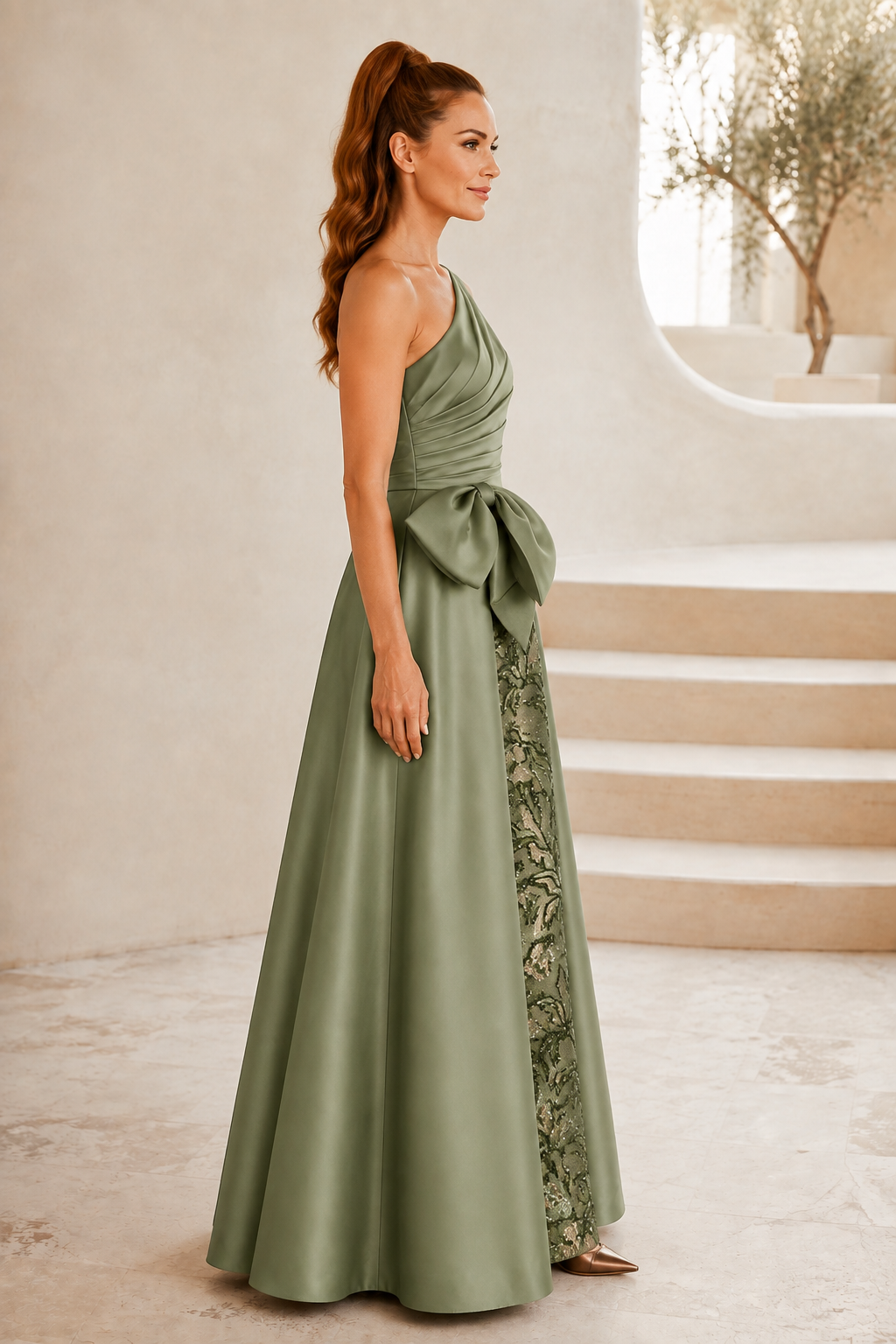 One-Shoulder Pleated Gown with Sequin Skirt & Bow