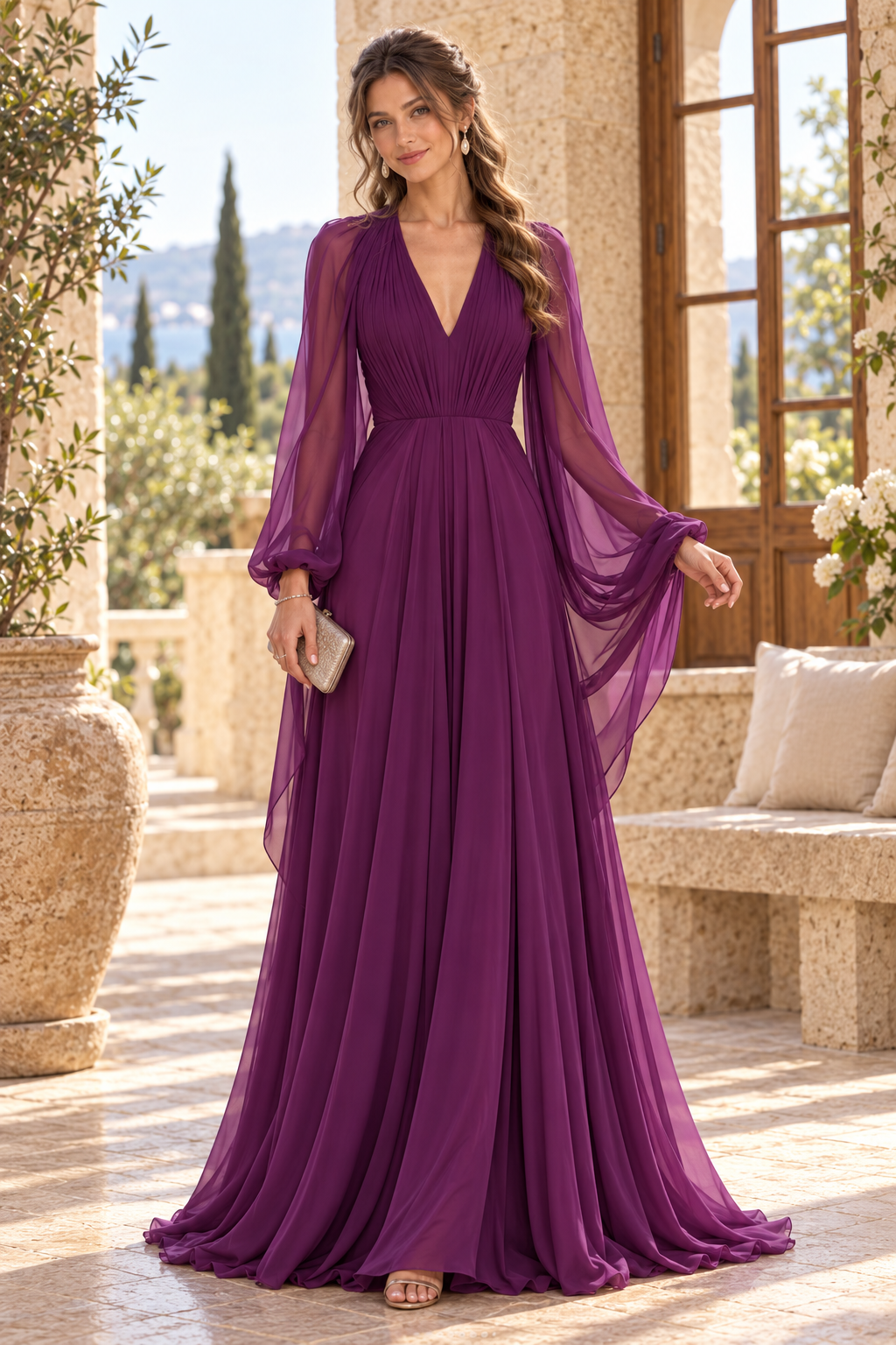Pleated V-Neck Chiffon Gown with Cape Sleeves