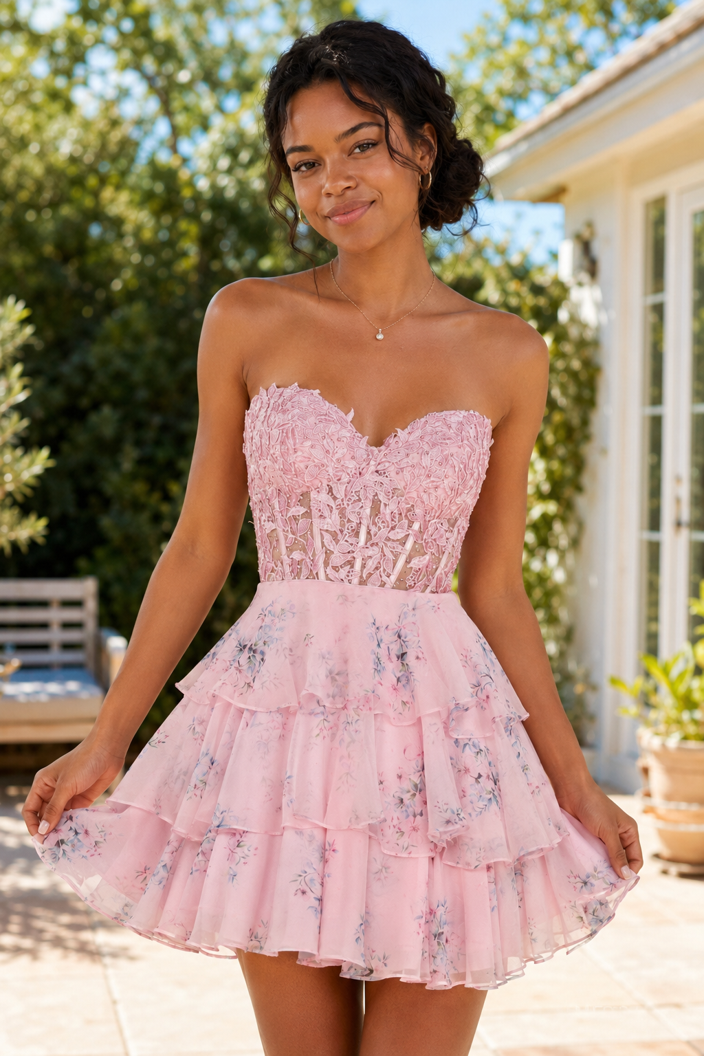 Strapless Lace Corset Tiered Floral Mini Dress
