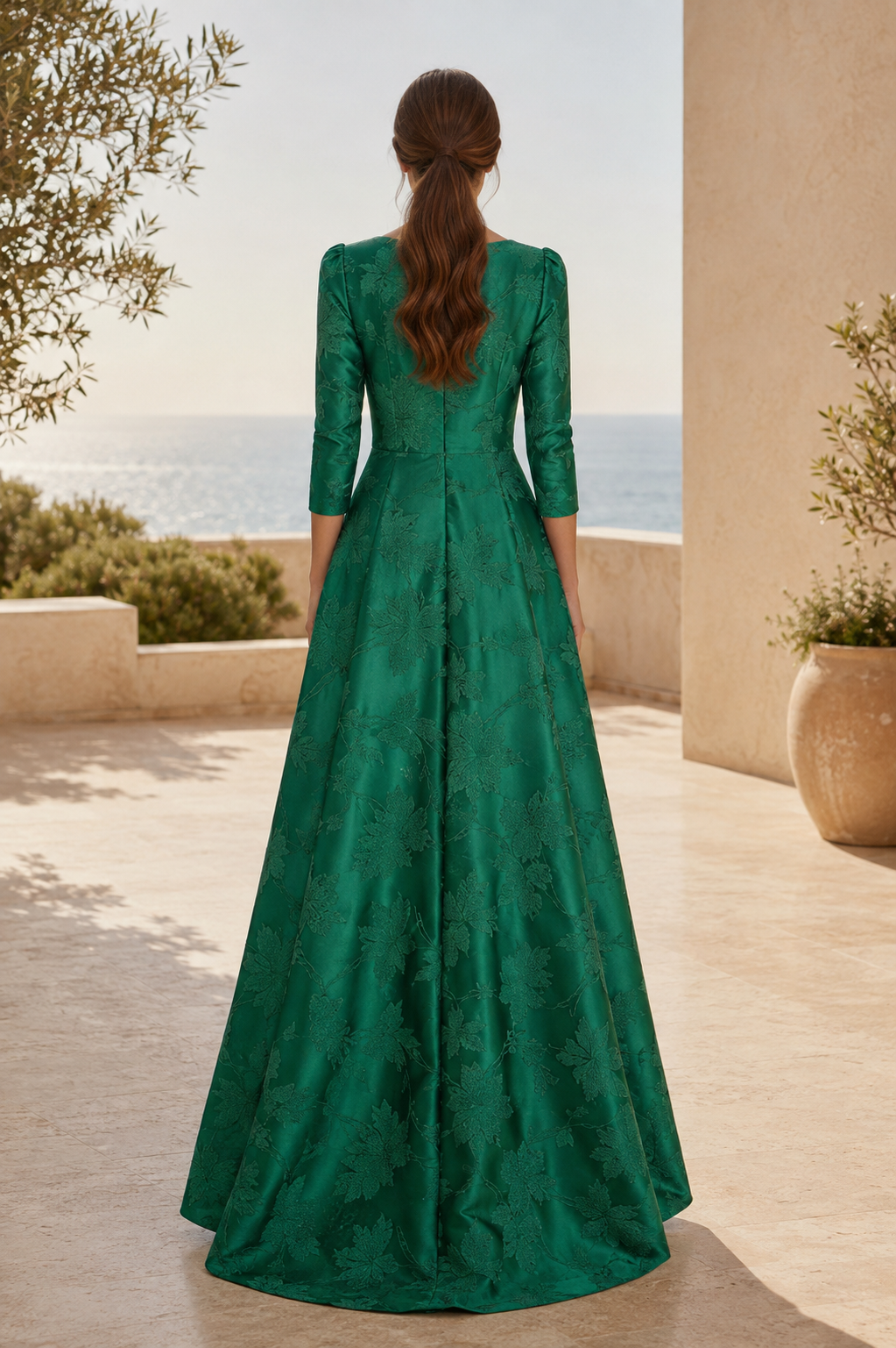 Floral Jacquard High-Low A-Line Gown with Pockets
