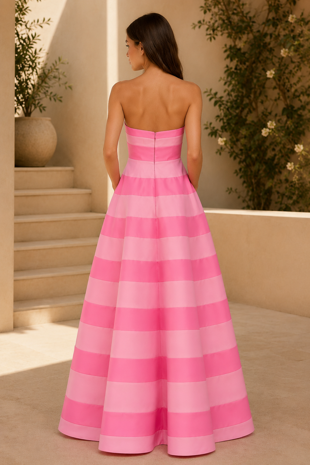 Striped Strapless A-Line Satin Ball Gown