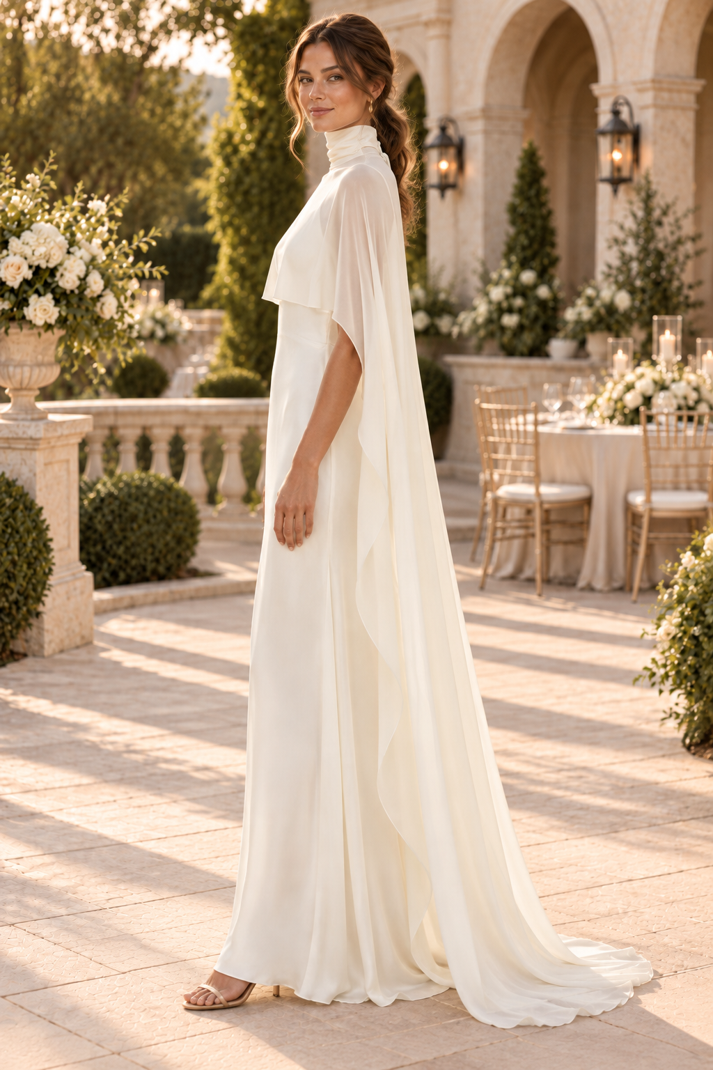 Satin Slip Gown with High-Neck Chiffon Cape