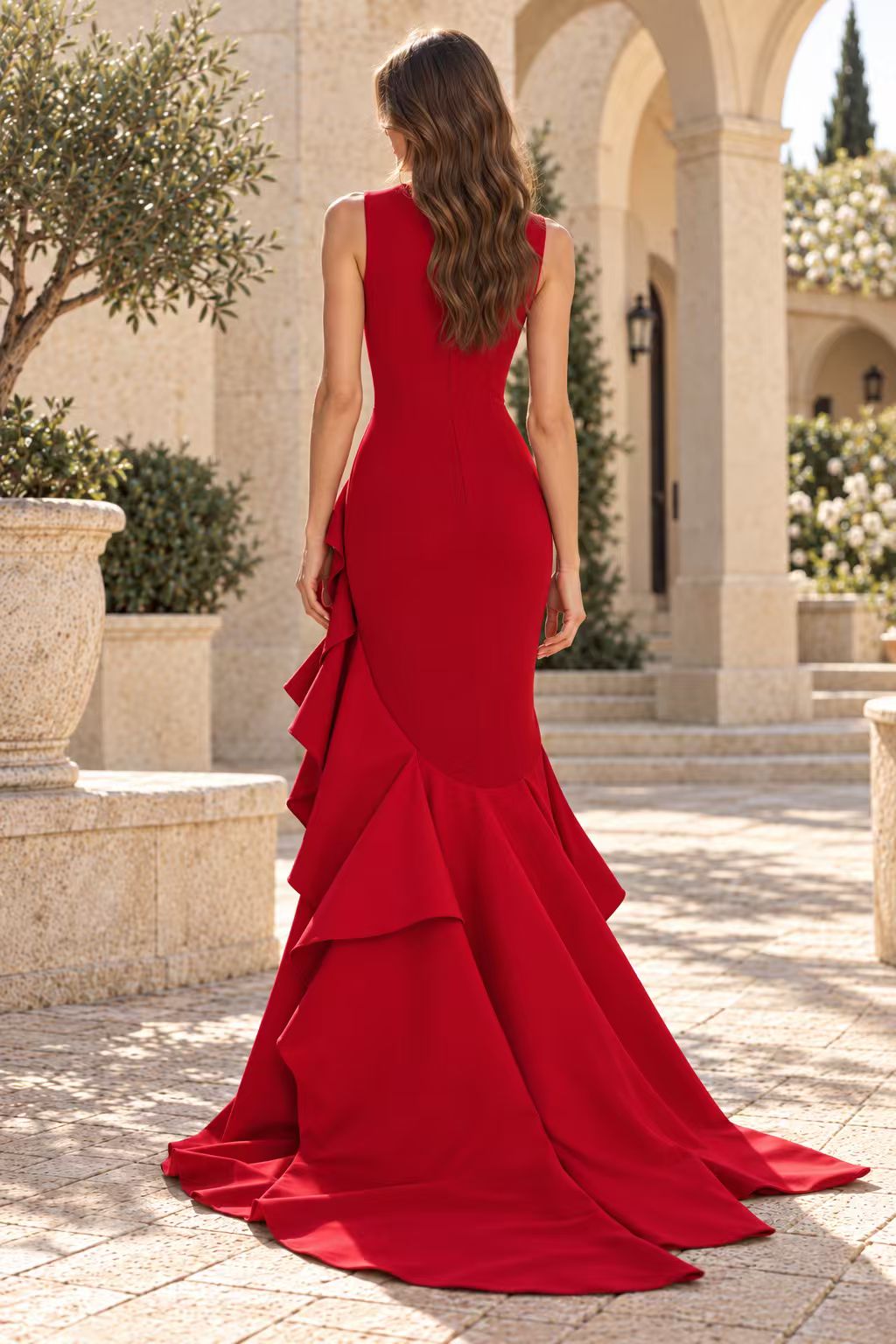 Sleeveless Mermaid Gown with Ruffle Slit