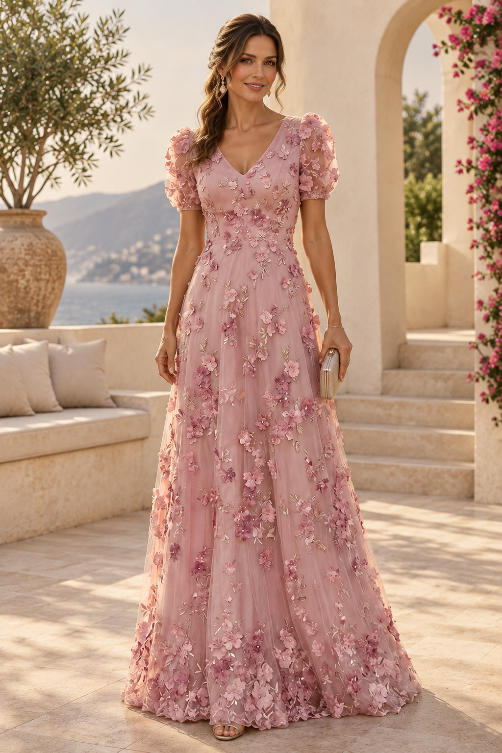 3D Floral Applique V-Neck Puff Sleeve A-Line Gown