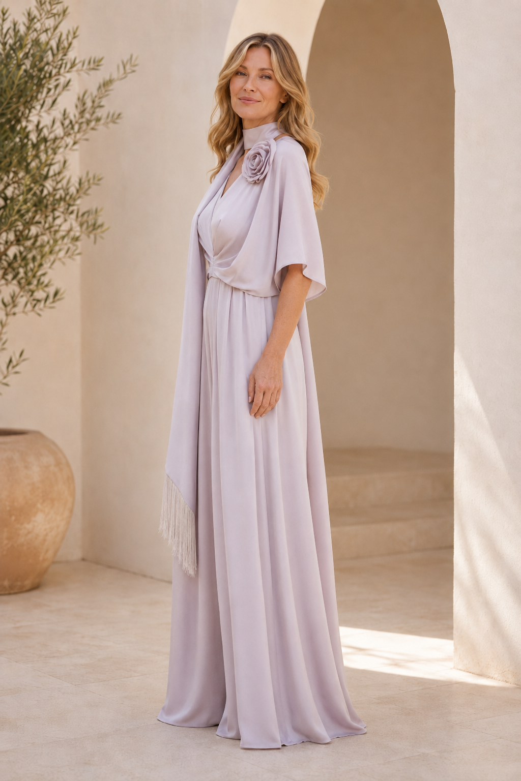 Wide-Leg Jumpsuit with Scarf and Floral Applique