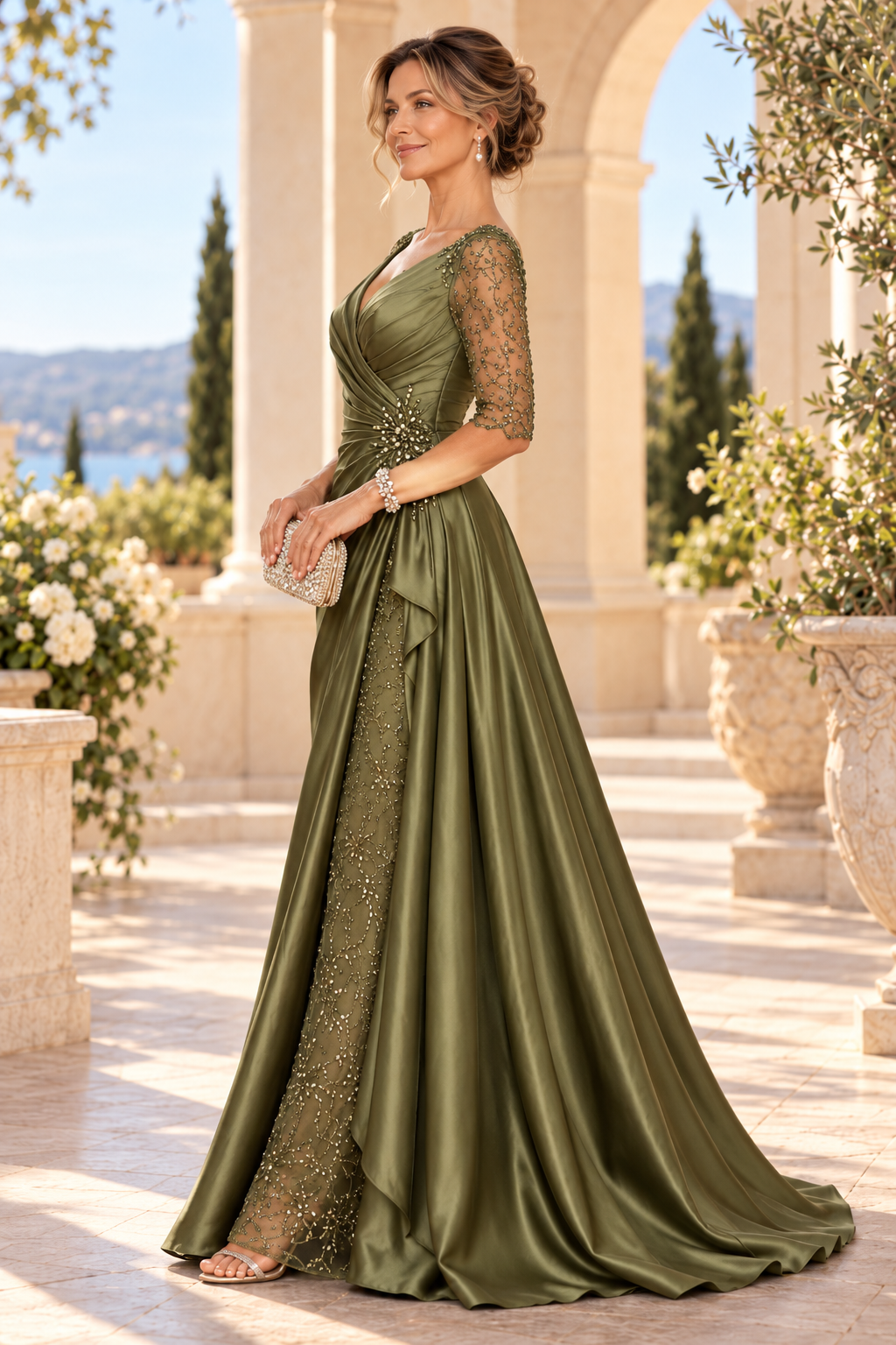 Ruched Satin Gown with Beaded Sheer Column